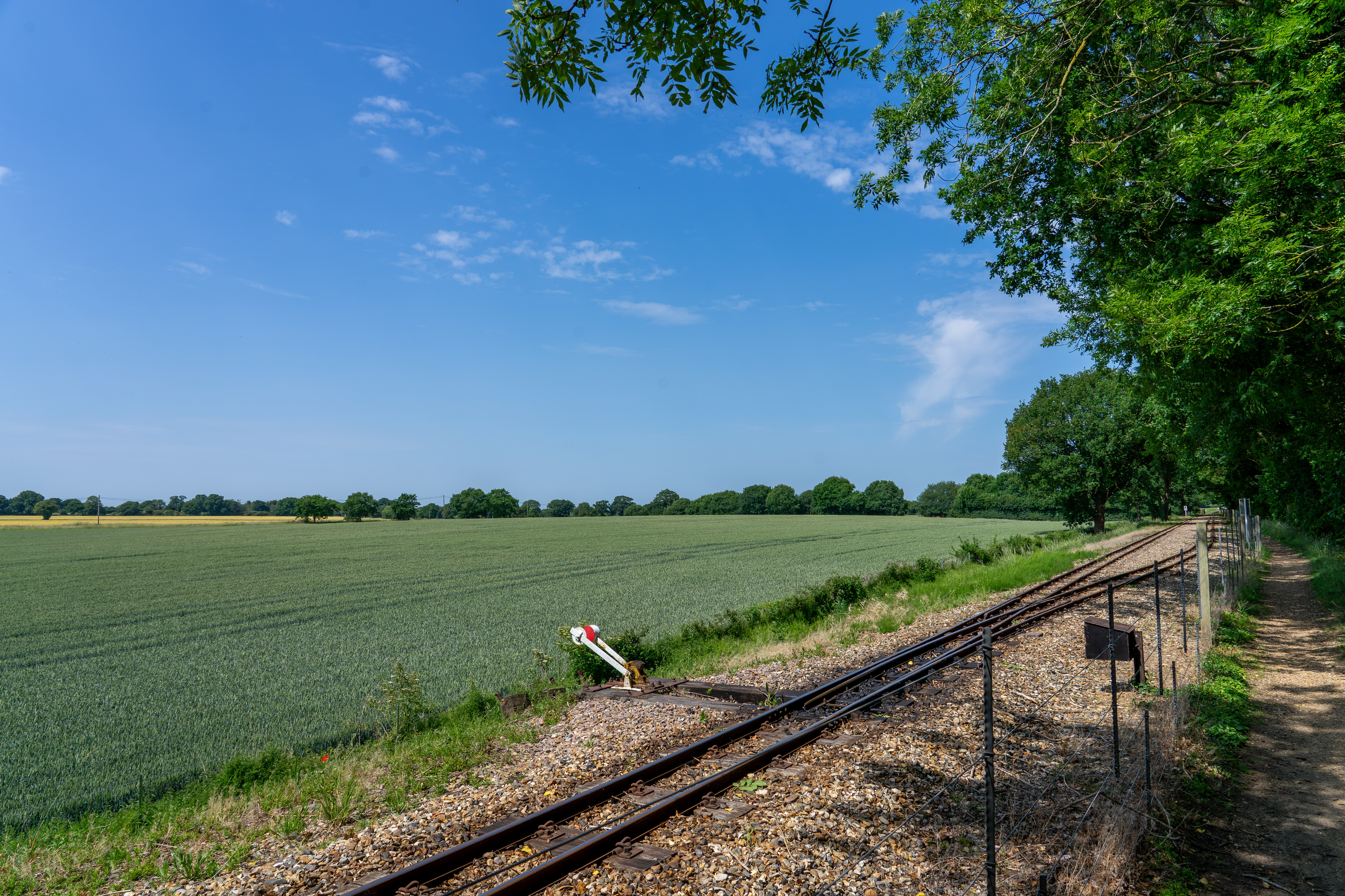 The Bure Valley Railway line surrounded by Norfolk countryside